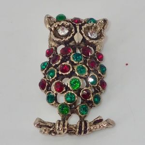 Christmas Owl Brooch Pin Gold Tone Red Green Rhinestones Fashion Jewelry 1.5"